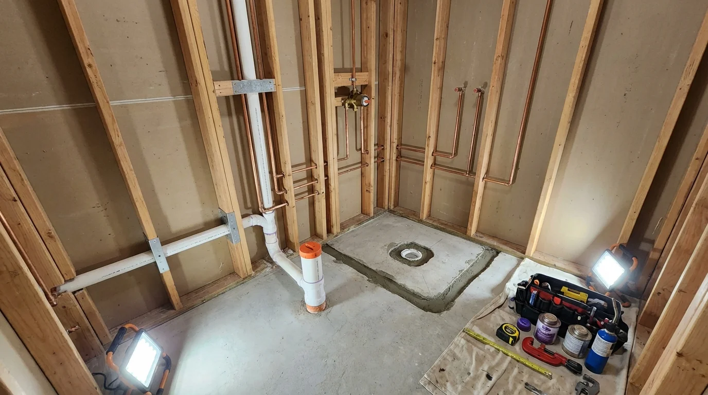 Bathroom rough-in plumbing during remodel by Johns Plumbing LLC in Avalon