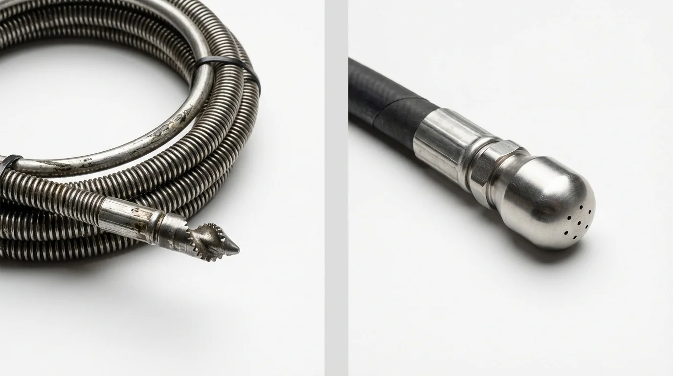 Drain snake cable and hydro jetting nozzle used for drain cleaning in Avalon, CA