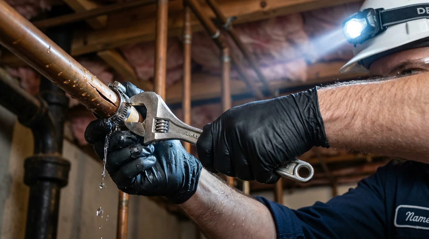 Emergency pipe clamp repair being performed by a Johns Plumbing LLC plumber in Avalon