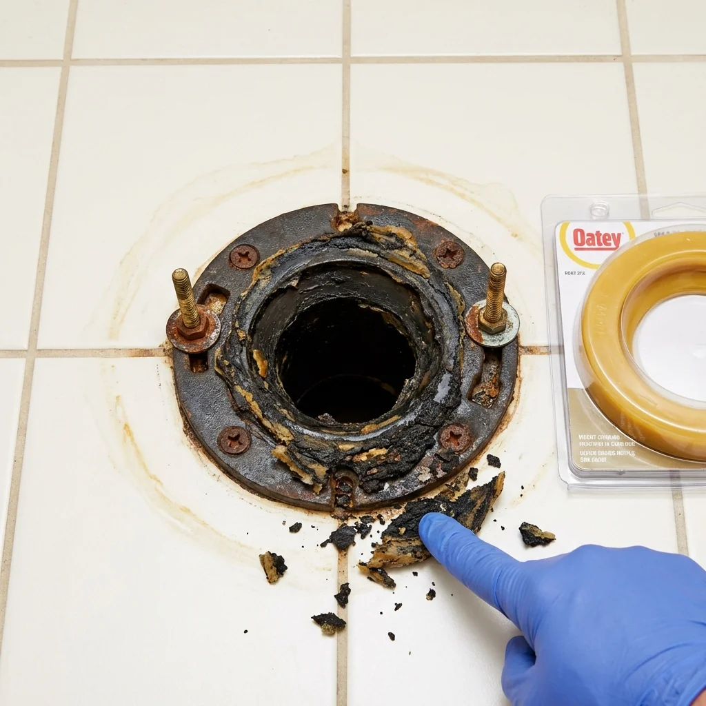Failed wax ring showing water seepage at the base of a toilet in a Avalon, CA home
