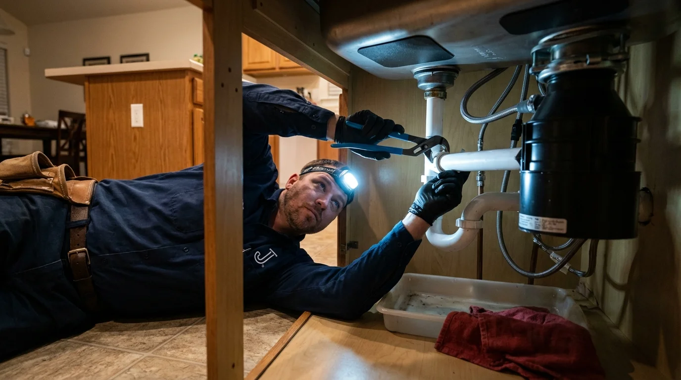 P-trap and supply line connections under a kitchen sink showing a common leak point in Avalon, CA